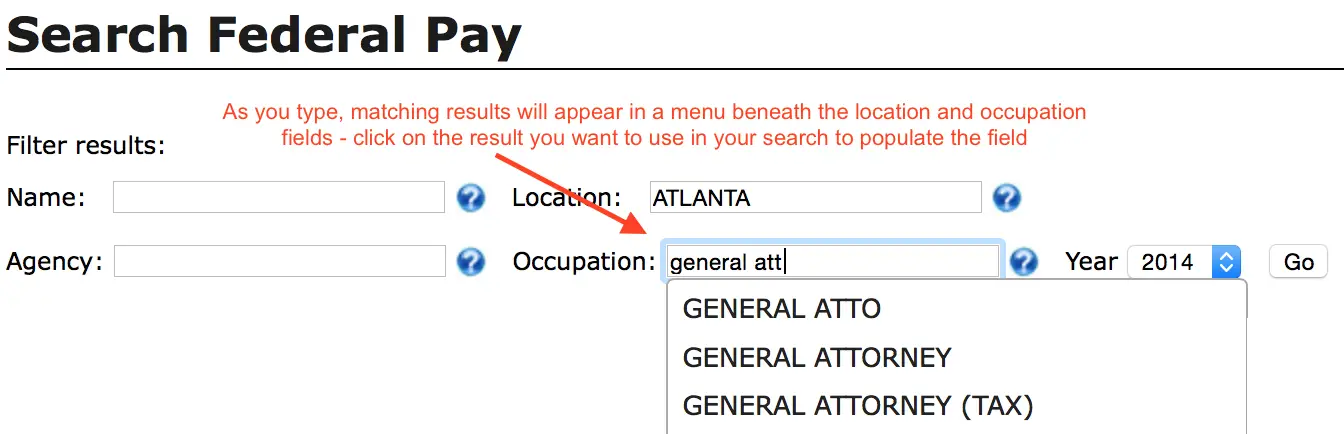 This screenshot depicts use of the search hint menus that assist with searching by location and occupation