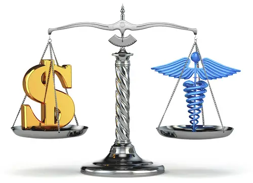 Image of dollar sign on scales with health symbol