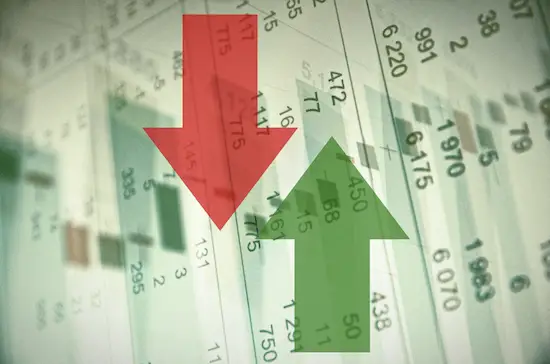 Image of red and green arrows depicting rising and falling stock market prices