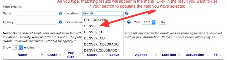 Screenshot showing how to filter salary search by location