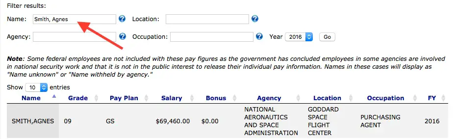 Screenshot showing how to type in a name to filter search results in the federal employee salary database