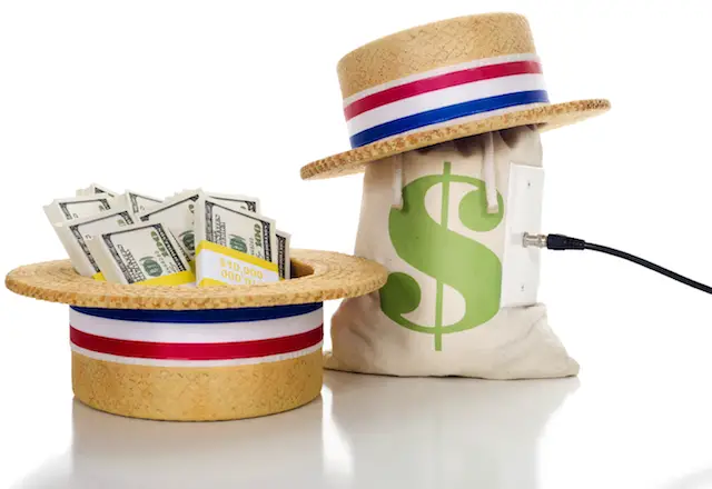 Image of bags of money with political hats depicting political contributions
