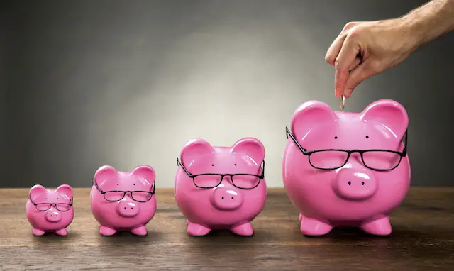 Image of a person's hand adding money to a piggybank