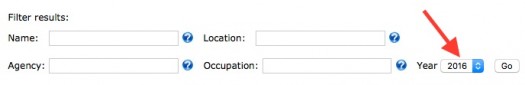 Screenshot highlighting the "year" option for filtering search results in the federal employee salary database