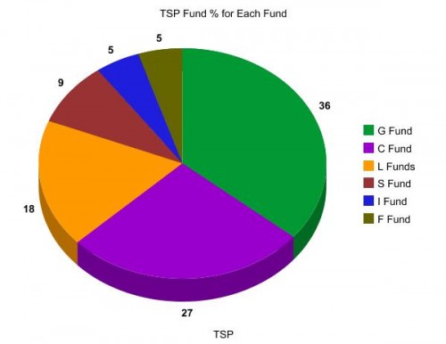 Pie chart showing percentages invested in each TSP fund