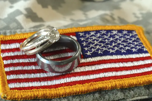 Image of pair of wedding rings on a US flag patch on a military uniform