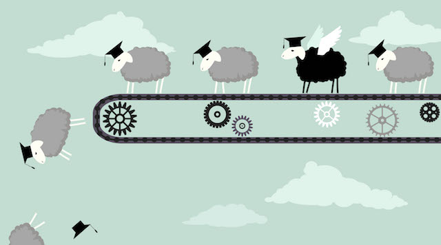 Image of cartoon sheep going along a conveyor belt and falling off at the end