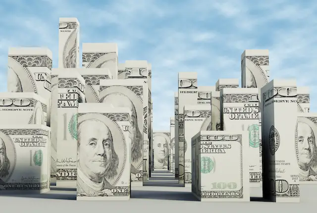 Rendering of Street between skyscrapers in buildings made out of dollar bills