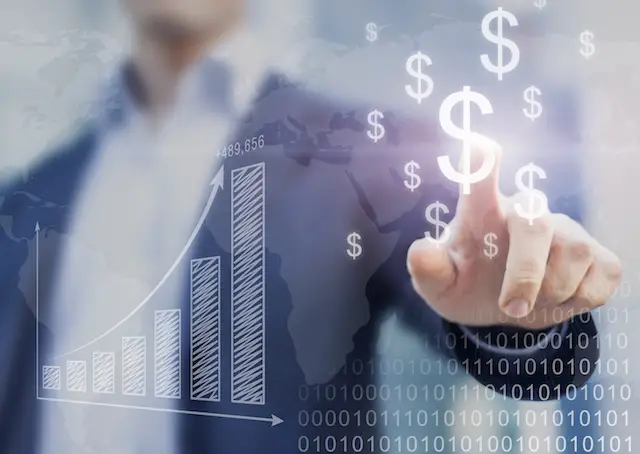 Businessman presenting financial analysis with charts generated by big data displaying international success and dollar signs