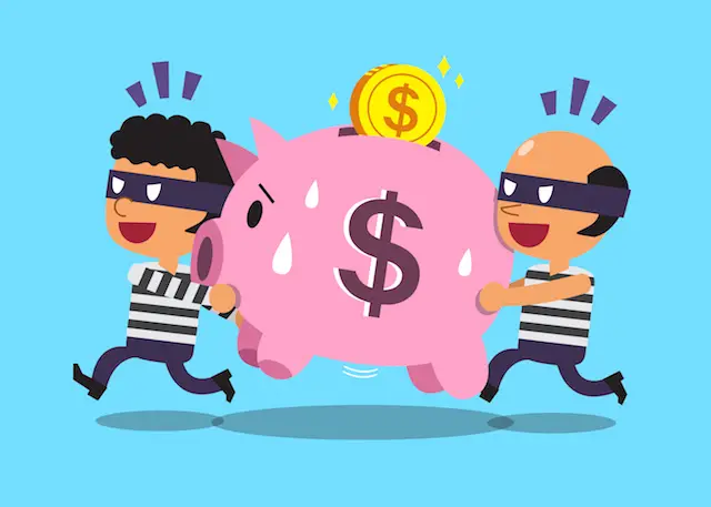 Cartoon image of two robbers running away with a piggy bank