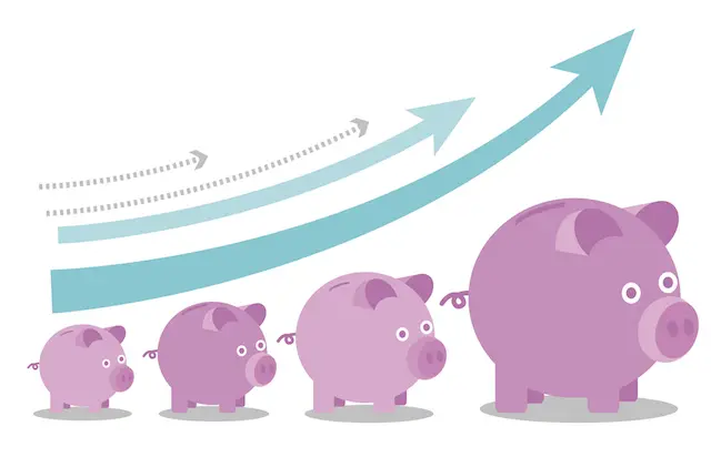 Image of upwards arrows over piggy banks growing in size - growth in investment concept