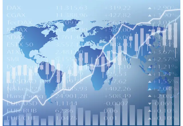 Image of a world map overlaying a stock chart