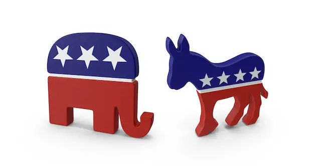 Image of an elephant symbol and a donkey symbol depicting the Republican and Democrat parties