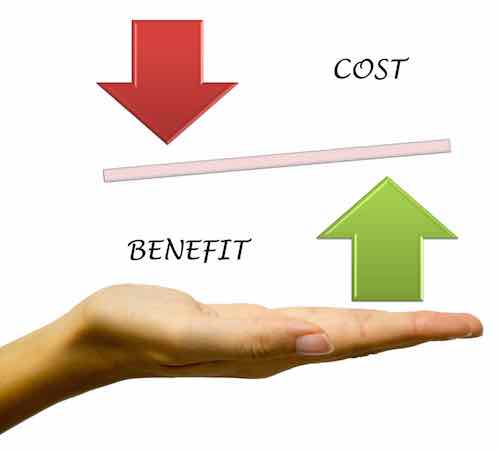 Image of a person's hand holding arrows showing cost and benefit