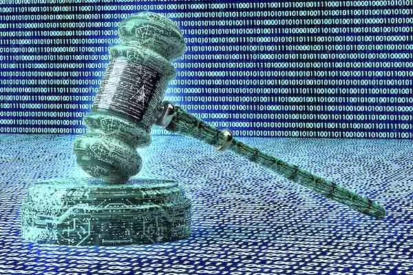 3D illustration of a judge's gavel depicted by computer code illustrating a cybersecurity/legal concept