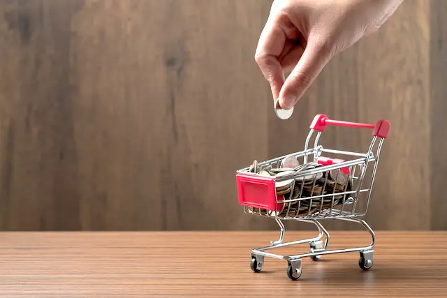 Image of a person's hand putting coins into a shopping cart