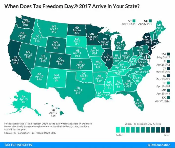 Image of a map of the United States showing the Tax Freedom Day dates in each state