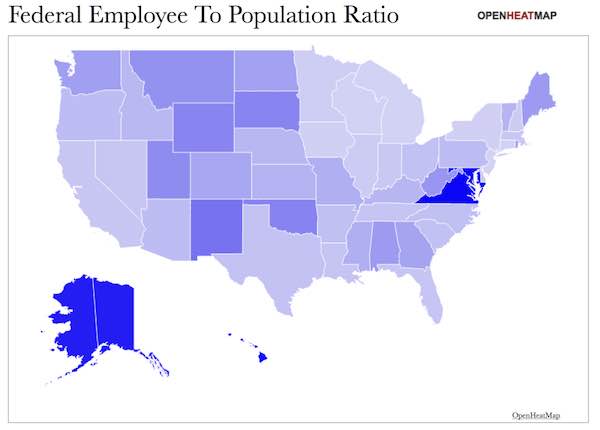 Map of United States showing the ratio of federal employees to the population by state
