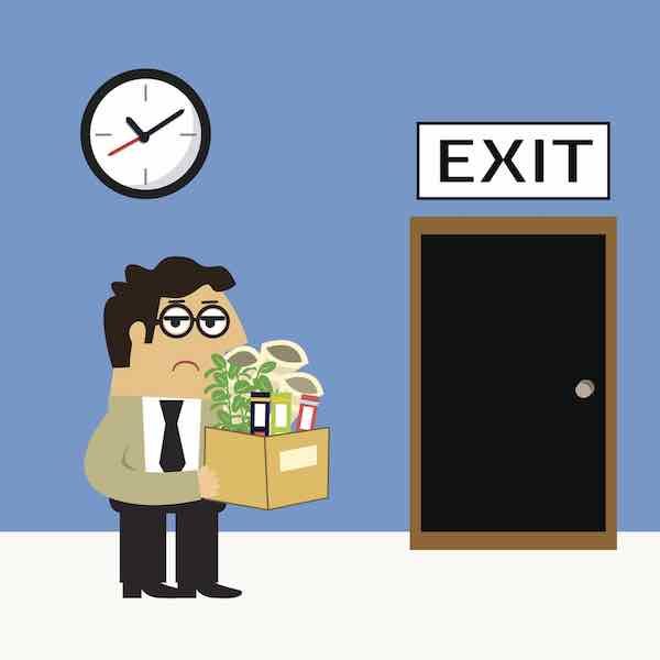 Cartoon illustration of an employee with a box of his belongings heading for a door labeled 'exit'