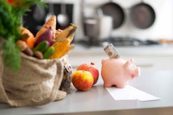 Closeup on money in piggy bank and purchases from local market on table