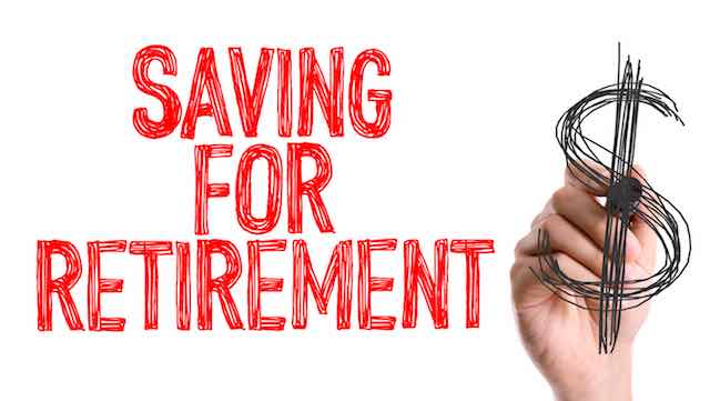 'Saving for retirement' written on a whiteboard with a close up of a person's hand drawing a dollar sign with a black marker next to the words