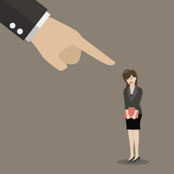 Cartoon showing an angry boss' hand pointing at an employee in an act of discipline