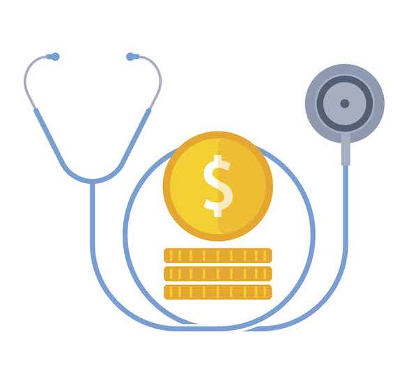 Stethoscope pictured with a stack of coins and a dollar sign indicating health insurance costs