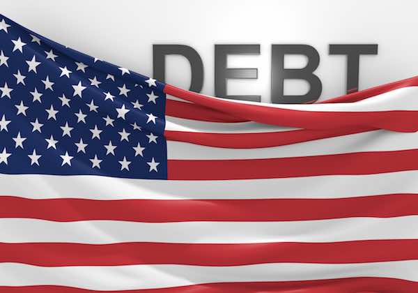 American flag with the word 'debt' appearing behind it
