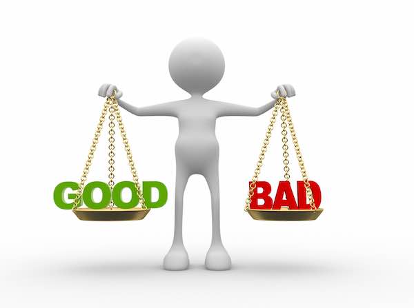 3D person holding two scales: one labeled 'good' and the other labeled 'bad'