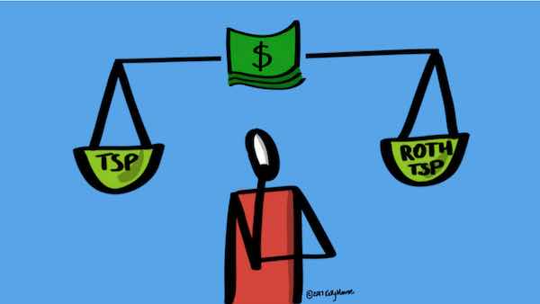 Illustration of a cartoon person looking at scales labeled 'TSP' on one side and 'Roth TSP' on the other