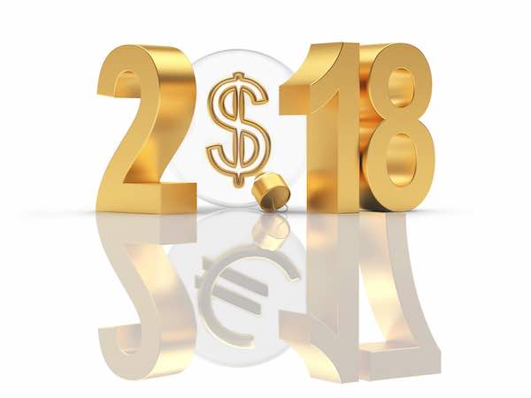 Golden 2018 New Year and glass Christmas ball with Dollar sign and reflection of 2017 with Euro sign isolated on white background