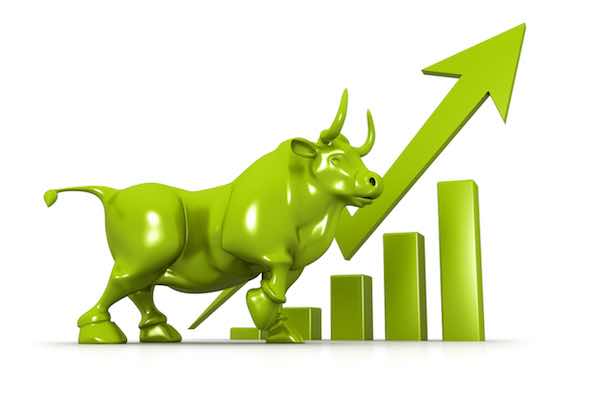 Business growth chart and bull indicating a bull stock market