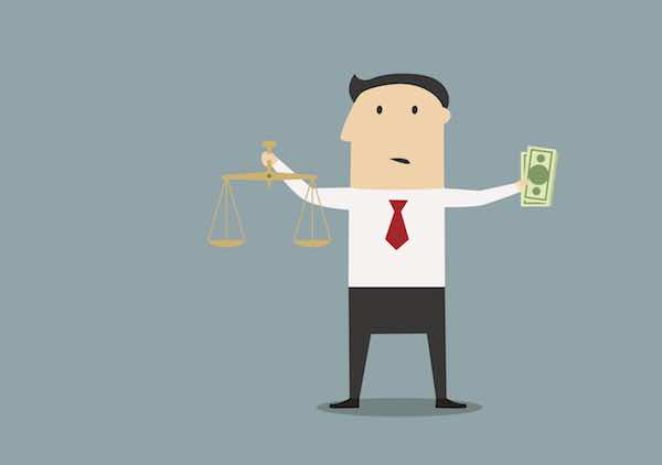 Cartoon confused businessman holding justice scales in one hand and cash in the other