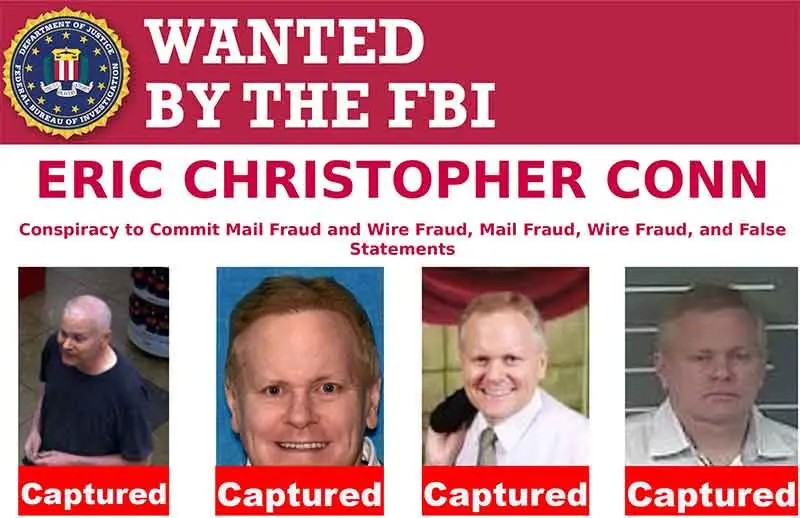 FBI wanted poster for Eric Christopher Conn with four of his mugshots labeled 'captured'