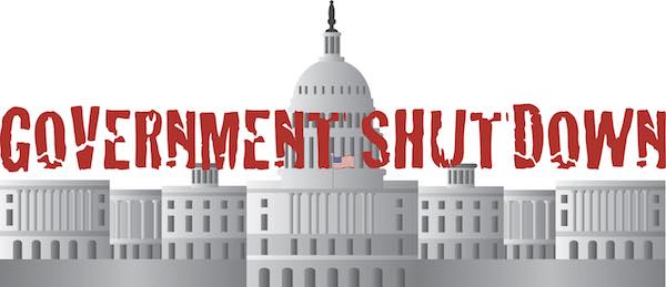 Illustration of the Capitol building in Washington, DC with the words 'government shutdown' written over it