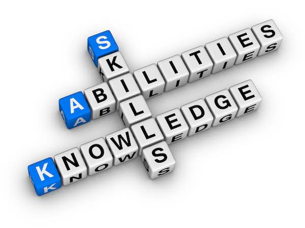 Block letters against a white background that spell 'knowledge', 'skills' and 'abilities' - KSA