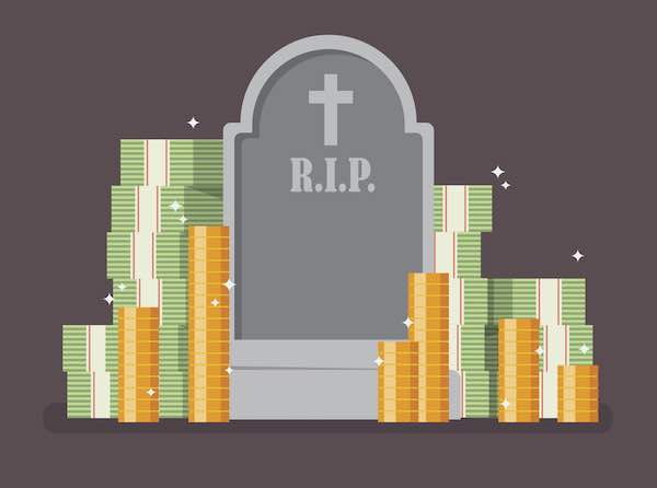 Illustration of a graveyard tombstone surrounded by stacks of cash and coins - financial/estate planning concept