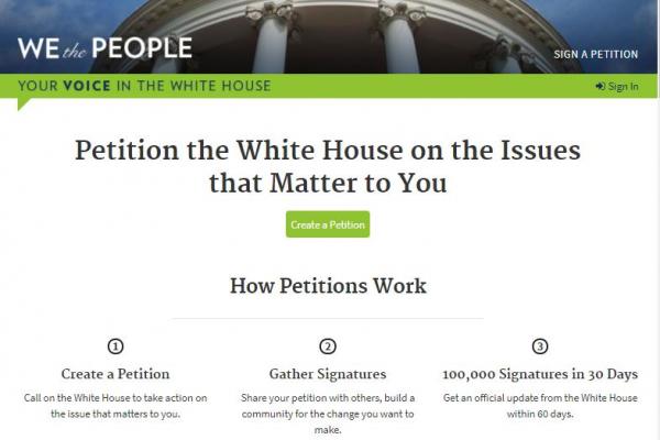 Screenshot of the 'We the People' petitions website homepage at petitions.whitehouse.gov