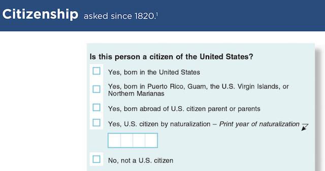 Image of the citizenship status question as it would appear on the Census questionnaire