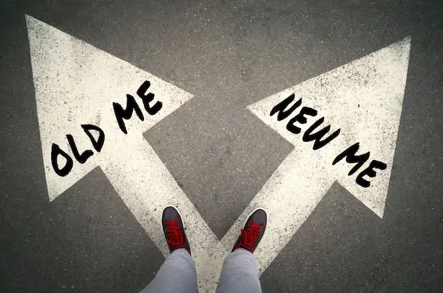 Two arrows drawn on the street with a businessperson's feet standing at the base of them; one arrow is labeled 'old me', one labeled 'new me' indicating a career change decision