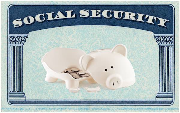 A broken piggy bank with a few coins framed inside of a Social Security card
