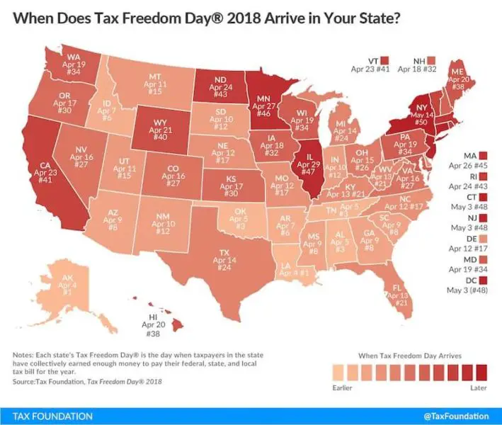 United States map showing the date for Tax Freedom Day in each state