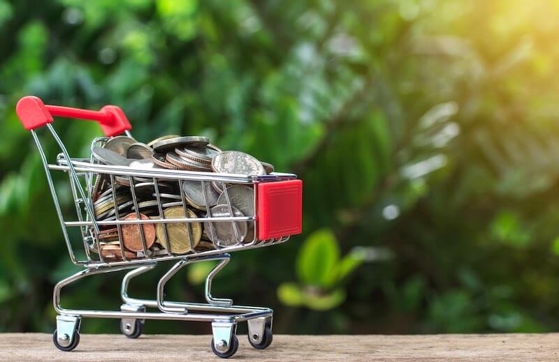 Mini shopping cart model filled with coins depicting COLA/cost of living/CPI