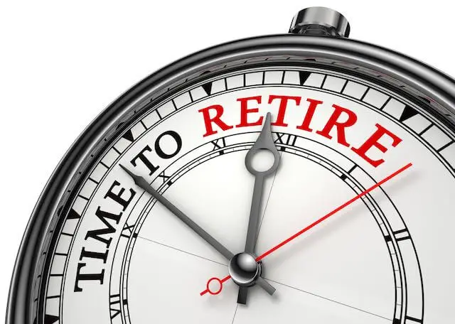 Close up of a compass face labeled 'time to retire' against a solid white background