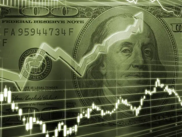 Image of a rising line chart imposed over a $100 dollar bill depicting financial gains/stock market returns