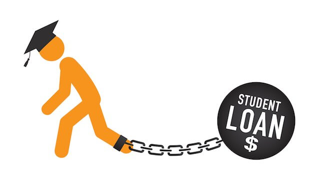 3D person wearing a graduate cap with a ball and chain tied to his ankle that is labeled 'student loan $' depicting debilitating student loan debt