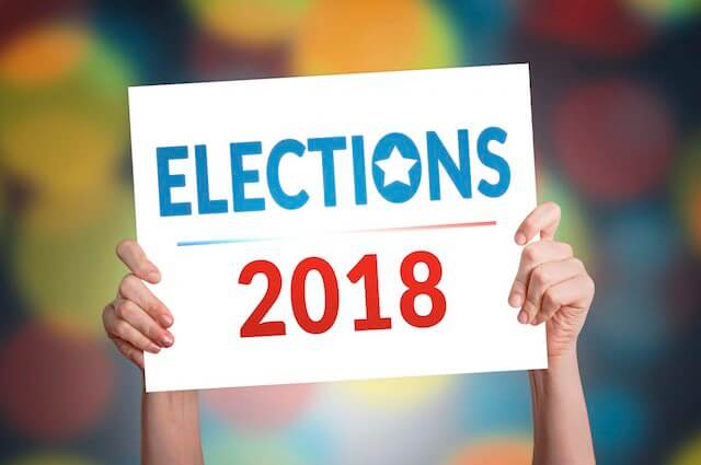 Close up of a sign that reads 'elections 2018' held over the head of a person in her outstretched arms