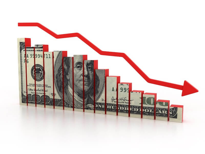 Downward trending bar graph with an image of a $100 bill on the background and a large red downward trend line arrow depicting financial losses/debt/red ink
