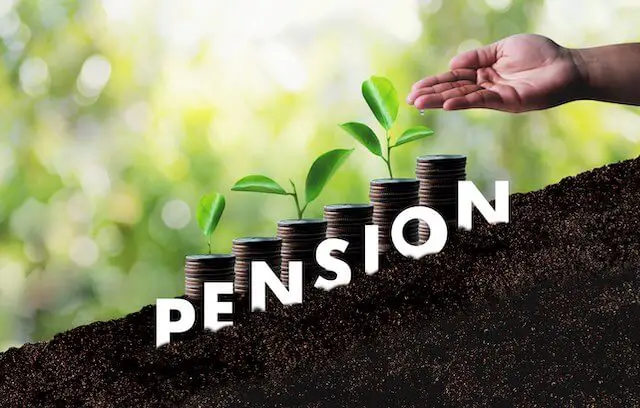 Word 'pension' overlaid on rising slope with plants growing in dirt depicting growth of retirement savings