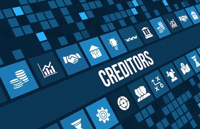 Word 'creditors' written in a blue strip over business icons depicting debt payments